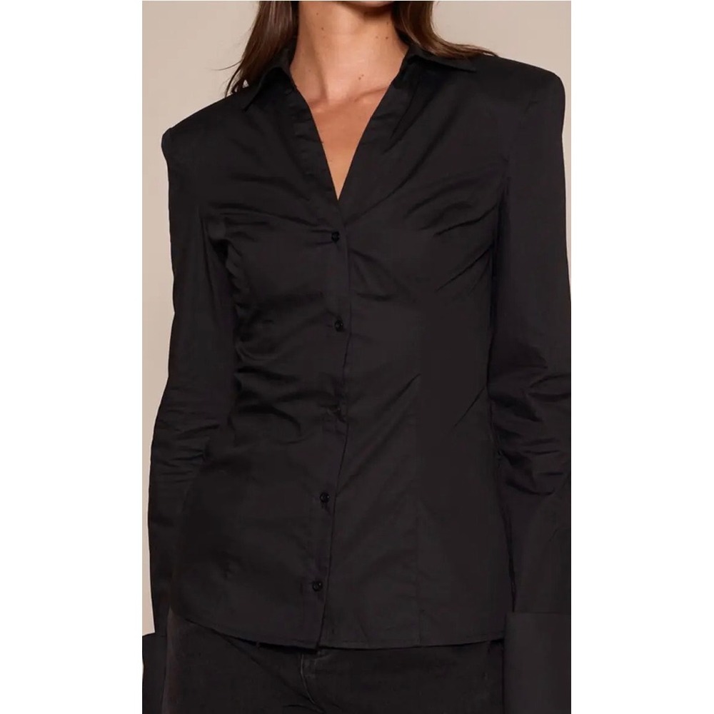 PrettyLittleThing Black Cotton Cinched Cuff Shoulder Pad Shirt Size 6 NEW - Picture 3 of 9